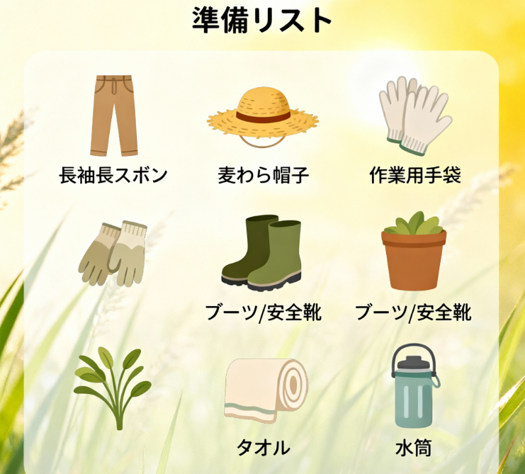 タイミー農業バイトに必要な持ち物と服装（長袖、帽子、軍手、長靴、タオル、飲み物）の一覧イラスト
