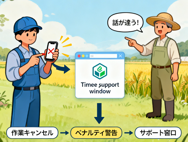 タイミーのドタキャンペナルティとトラブル発生時のサポート窓口を示す図解