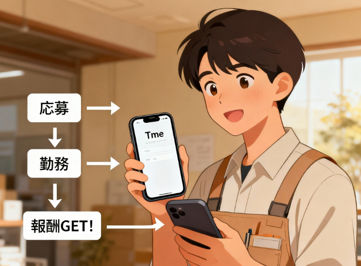 ワーカーがタイミーで農業バイトを始める手順（応募から報酬まで）の概要図