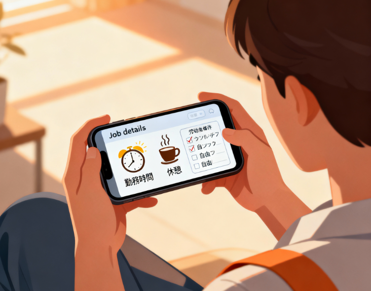 タイミー農業バイトの労働条件（勤務時間、休憩）を確認する重要性を示すイラスト