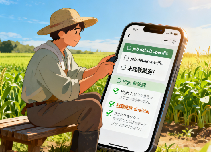 農家がタイミーでワーカーを集めるための募集のコツ（仕事内容の具体化、未経験歓迎）を示すイラスト