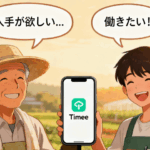 タイミーアプリを通じて農家とワーカーがマッチングするアイキャッチイラスト