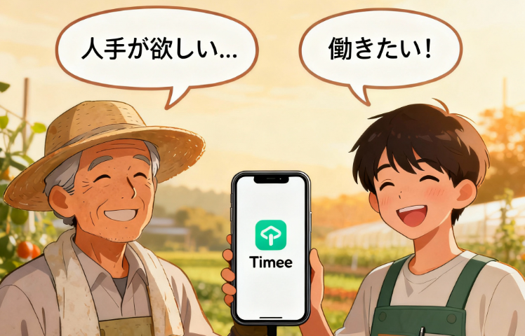 タイミーアプリを通じて農家とワーカーがマッチングするアイキャッチイラスト