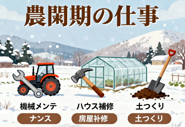 農閑期に募集される主な農作業（機械メンテナンス、ハウス補修、土づくり）のアイコン