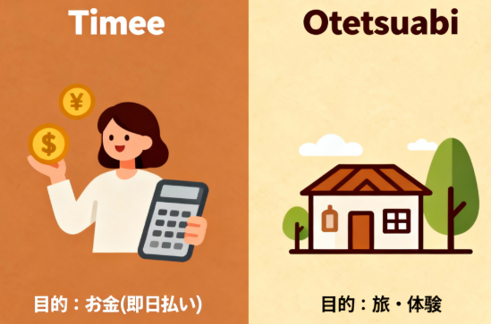 タイミー（報酬・日帰り）とおてつたび（体験・宿泊）のサービス内容を比較した図解