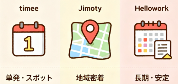 タイミー（単発）、ジモティー（地域密着）、ハローワーク（長期）の求人特徴を比較したイラスト