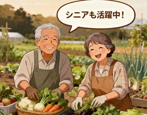 タイミー農業バイトで活躍するシニアワーカーのイラスト