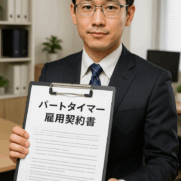パートタイマー雇用契約書のテンプレートとクリップボードを持つ日本人ビジ ネスパーソン
