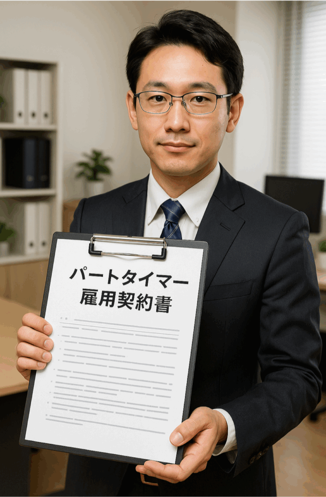 パートタイマー雇用契約書のテンプレートとクリップボードを持つ日本人ビジ ネスパーソン