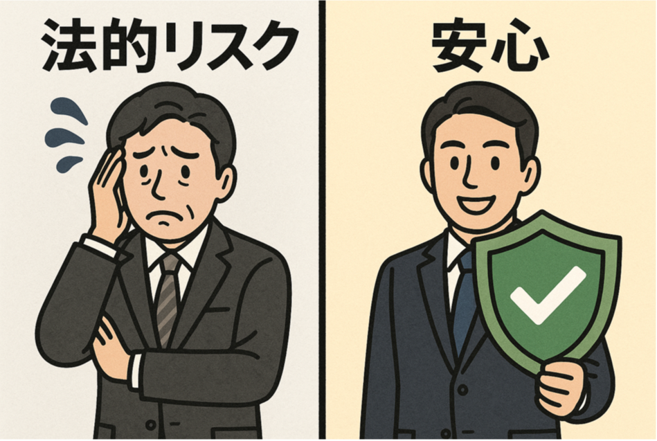 法的リスクに悩む経営者と盾で守られた安心な経営者を対比