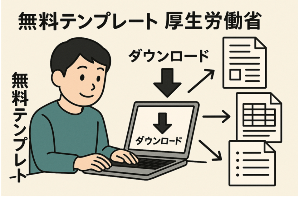 無料テンプレートをパソコンからダウンロードする様子と厚生労働省の文字