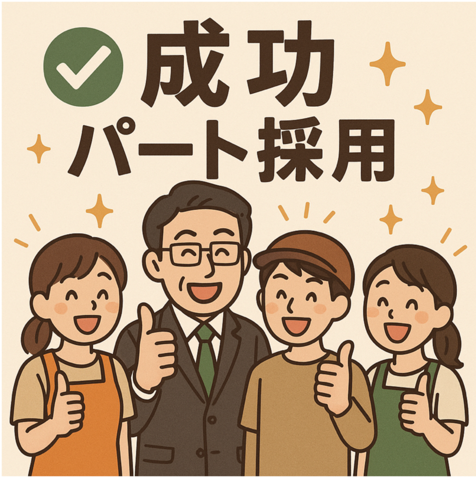 パート採用成功を喜ぶ経営者とパートタイマーの成功を表現した図解イラスト