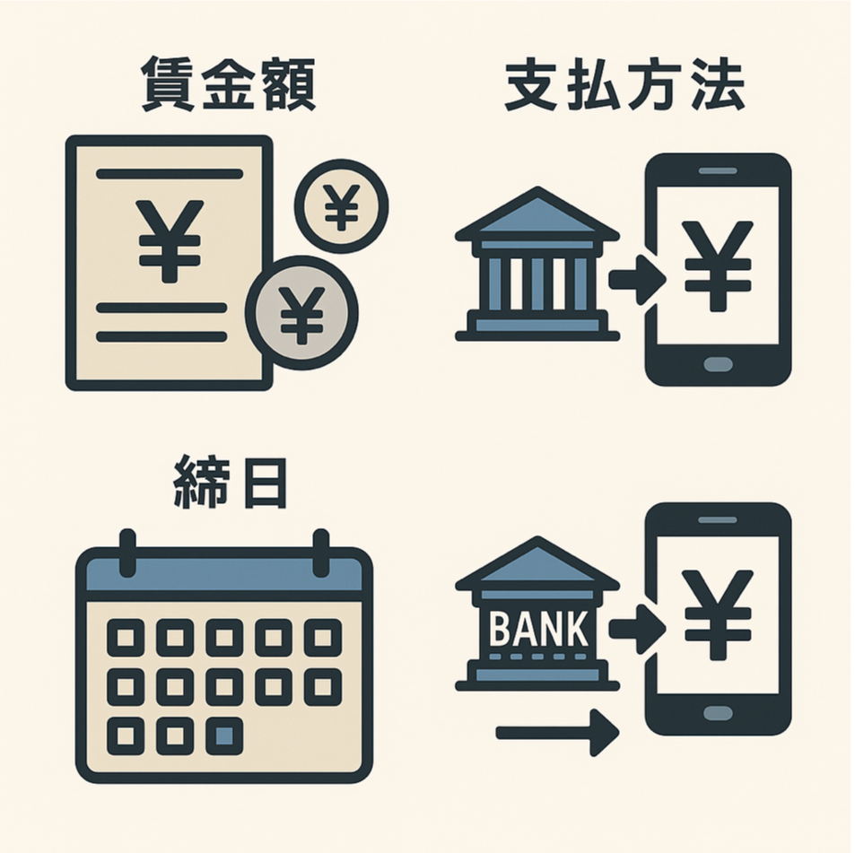 賃金計算と銀行振込による支払方法、締日を表現した図解イラスト