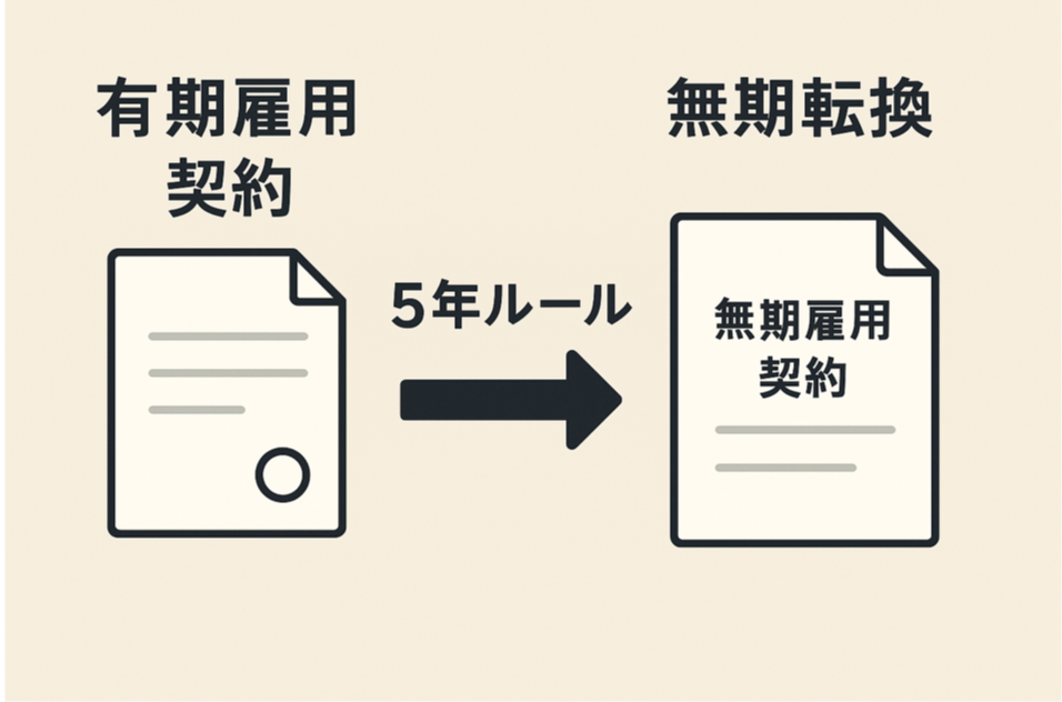 有期契約から無期転換への5年ルールの流れを表現した図解イラスト