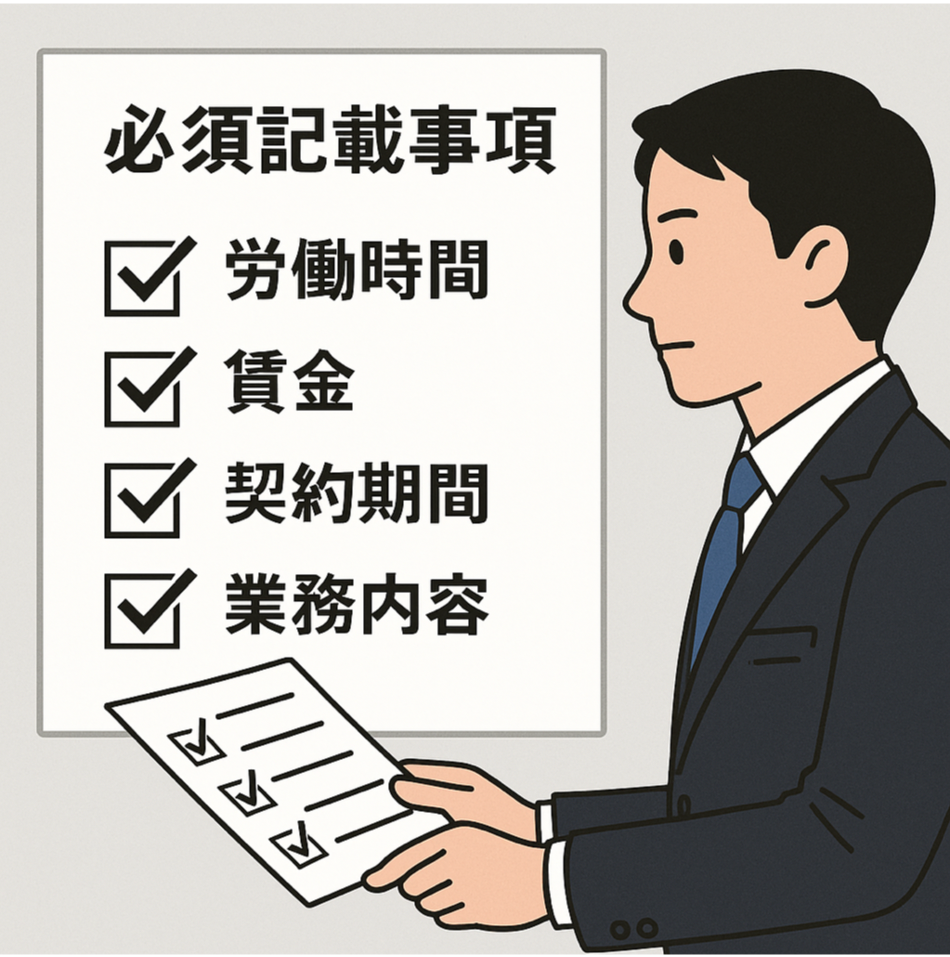 雇用契約書の必須記載事項（労働時間、賃金、契約期間、業務内容）のチェックリスト