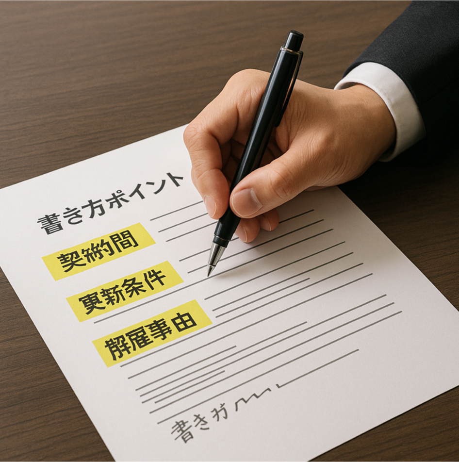契約書を書く日本人と書き方ポイント（契約期間、更新条件、解雇事由）