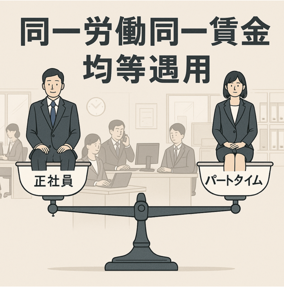 正社員とパートタイマーを天秤にかけ同一労働同一賃金の均等待遇を表現した図解イラスト