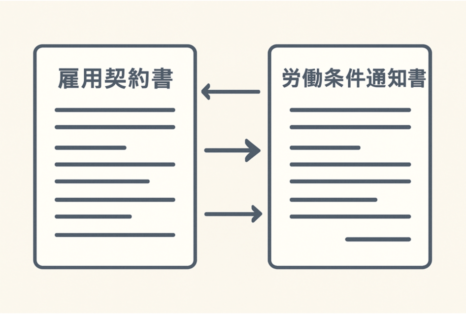 雇用契約書と労働条件通知書の2 つの書類を比較対照した図解イラスト