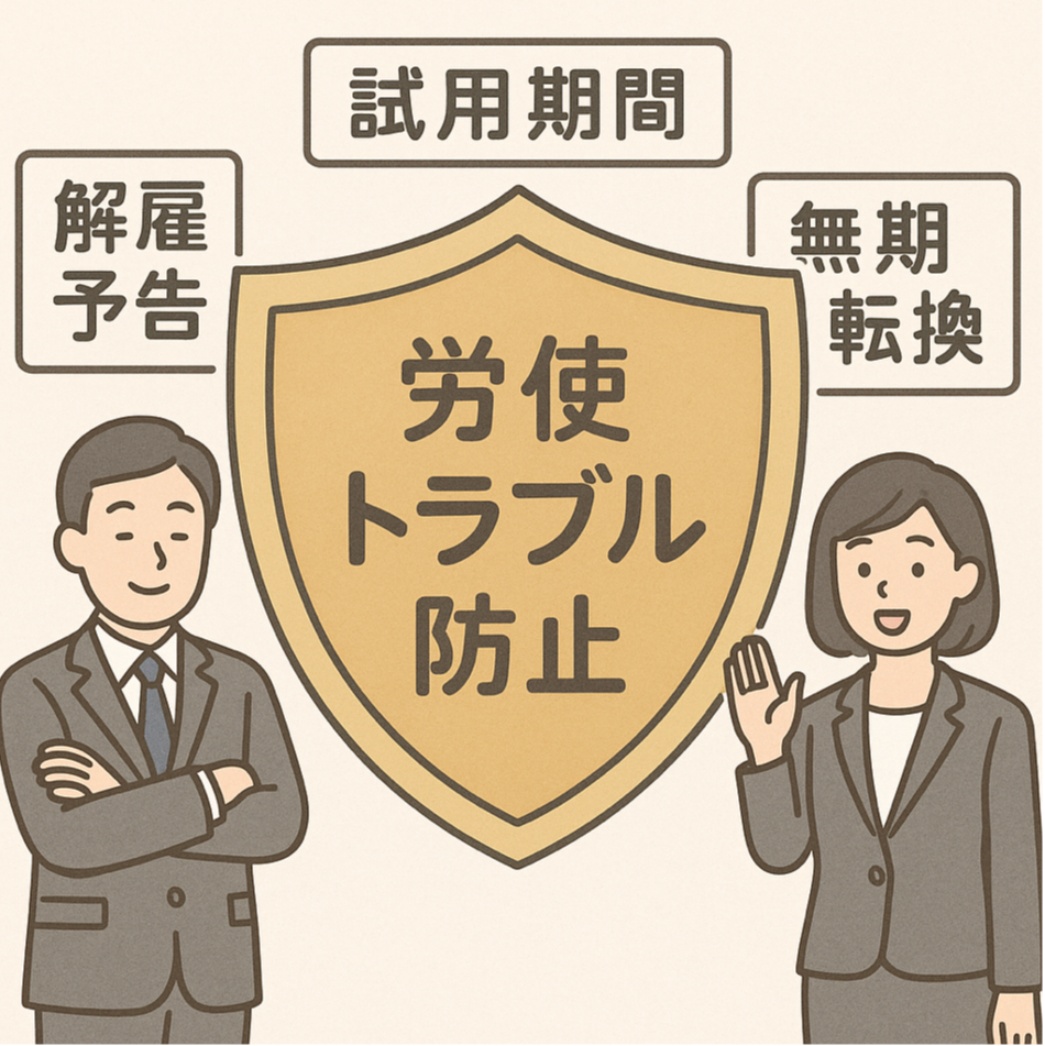 労使トラブル防止の盾と解雇予告、試用期間、無期転換の条項を示した図解イラスト