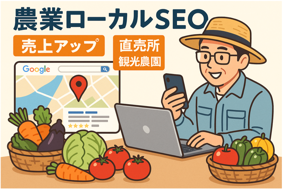 農業ローカルSEO対策で売上アップを目指す直売所・観光農園の集客方法を表現した図解イラスト