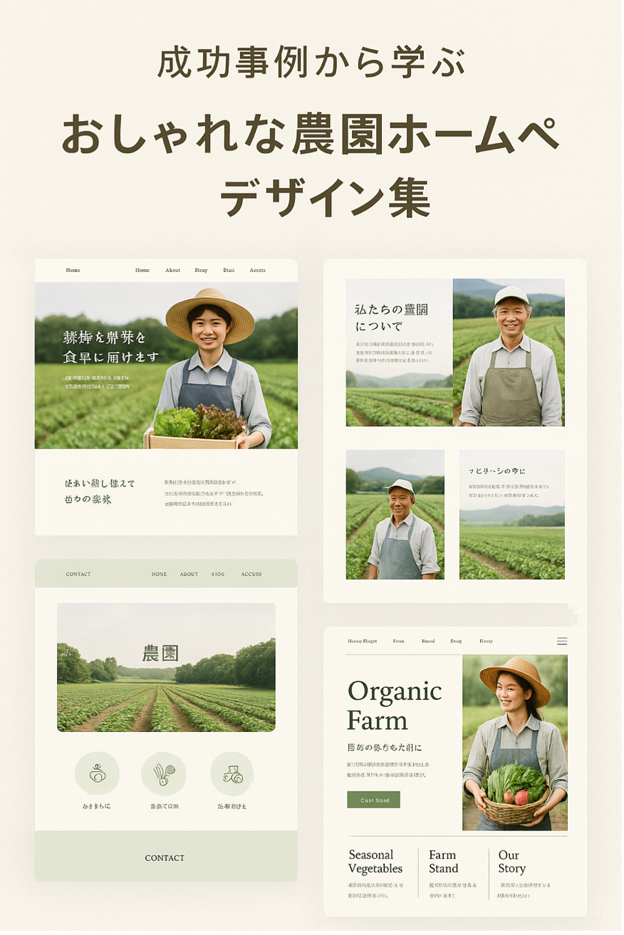 成功事例から学ぶおしゃれな農園ホームページデザイン集を表現した図解イラスト