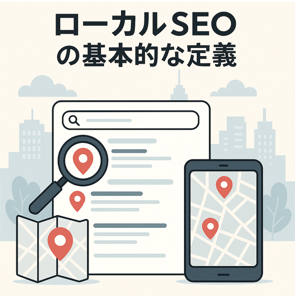 ローカルSEOの基本的な定義を地図検索と連動して説明した図解イラスト
