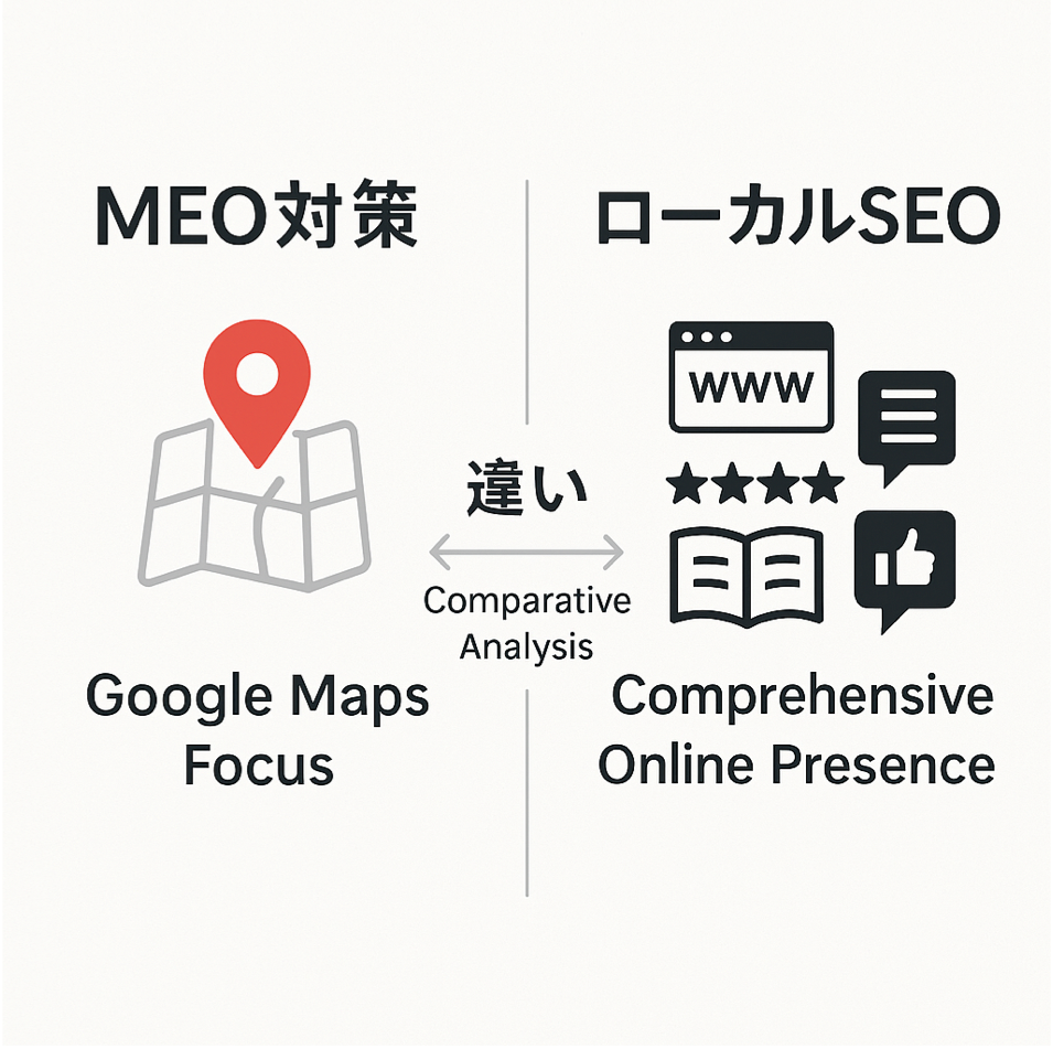 MEO対策とローカルSEOの違いを比較分析で表現した図解イラスト