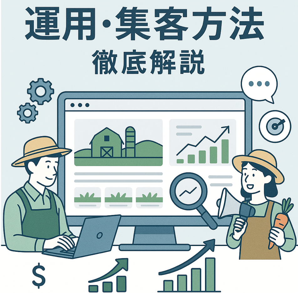 農家ホームページの運用・集客方法を徹底解説することを表現した図解イラスト