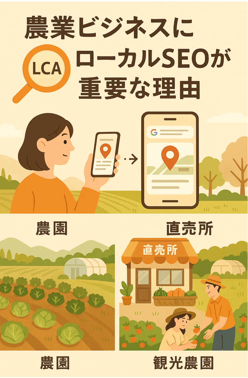 農業ビジネス（農園・直売所・観光農園）でローカルSEOが重要な理由を表現した図解イラスト