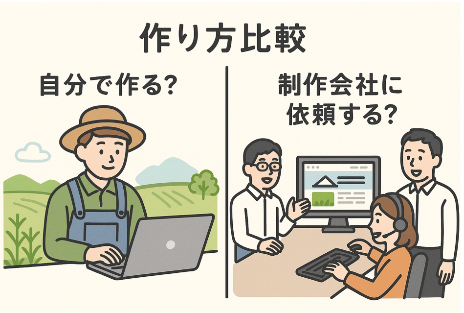 自分で作る vs 制作会社に依頼する農家ホームページ作り方比較を表現した図解イラスト