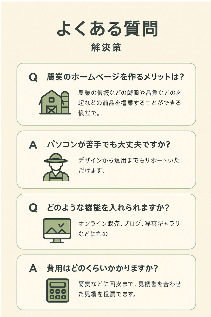 農家ホームページ制作でよくある質問と解決策を表現した図解イラスト