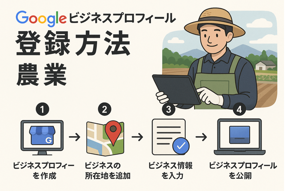  Googleビジネスプロフィール農業での登録方法を段階的に表現した図解イラスト