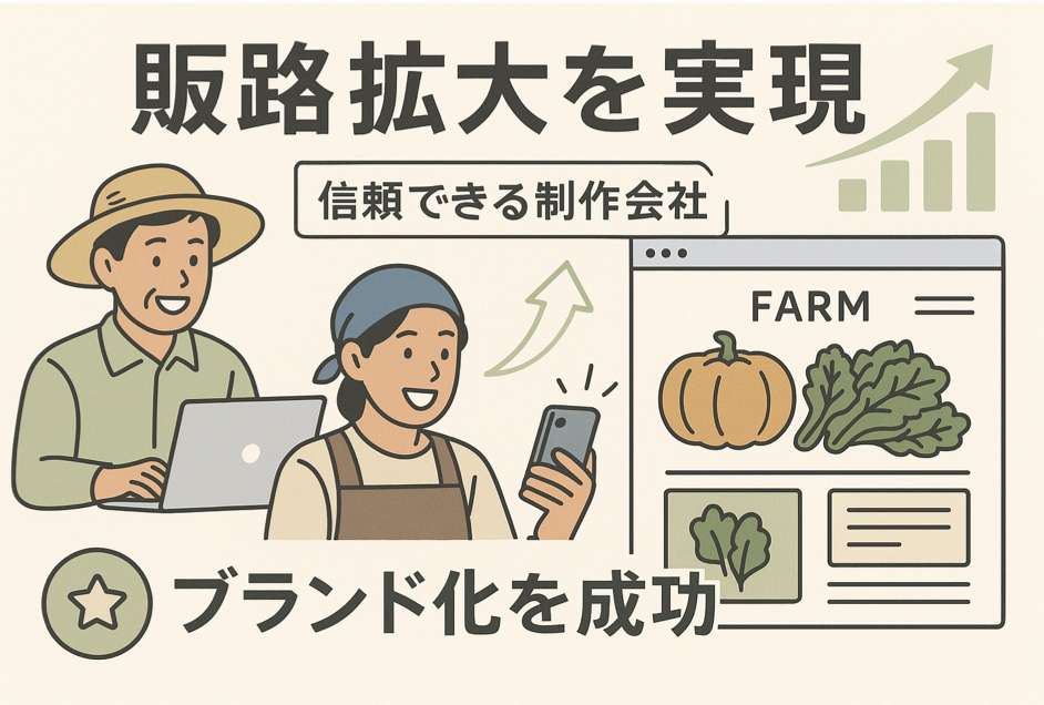 農家の販路拡大を実現し信頼できる制作会社でブランド化を成功させることを表現した図解イラスト