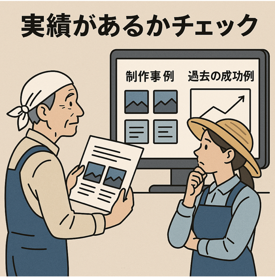 実績があるかチェックする制作会社選定プロセスを表現した図解イラスト
