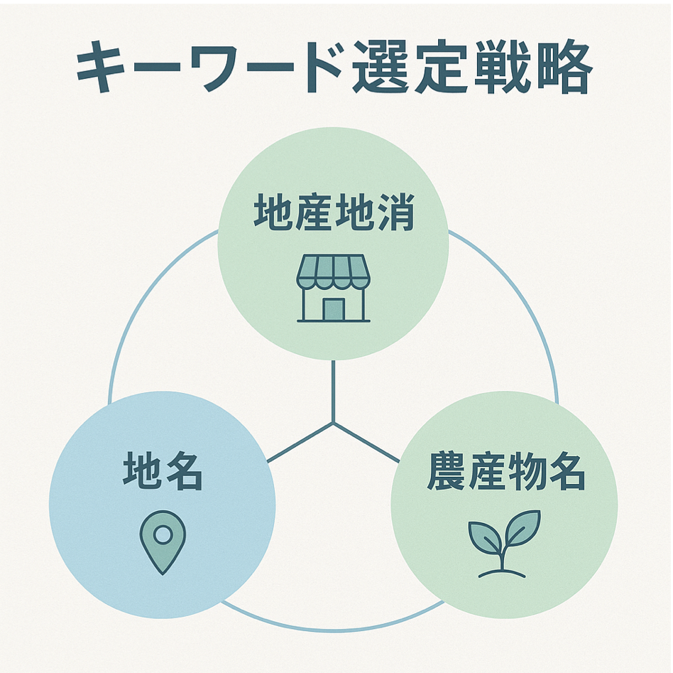 キーワード選定戦略（地名・地産地消・農産物名の組み合わせ）を表現した図解イラスト