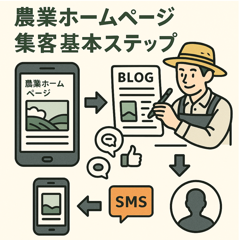 農業ホームページ集客の基本ステップをWeb制作プロセスで表現した図解イラスト
