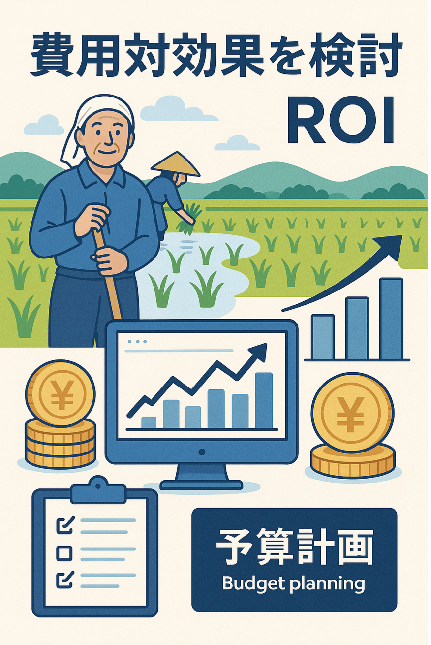 費用対効果を検討する投資評価プロセスを表現した図解イラスト