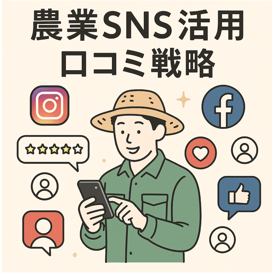 農業SNS活用と口コミ戦略をソーシャルメディアマーケティングで表現した図解イラスト