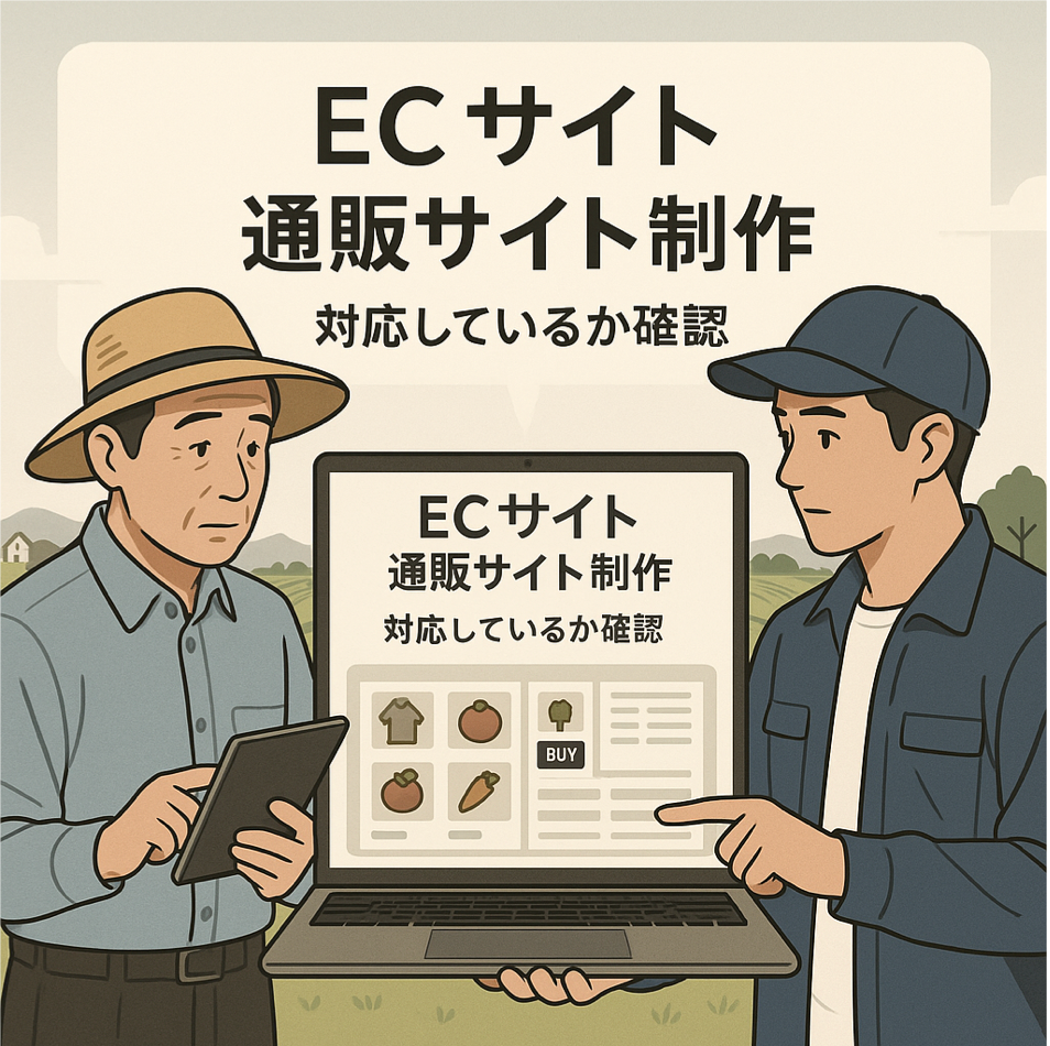 ECサイト・通販サイト制作に対応しているか確認することを表現した図解イラスト