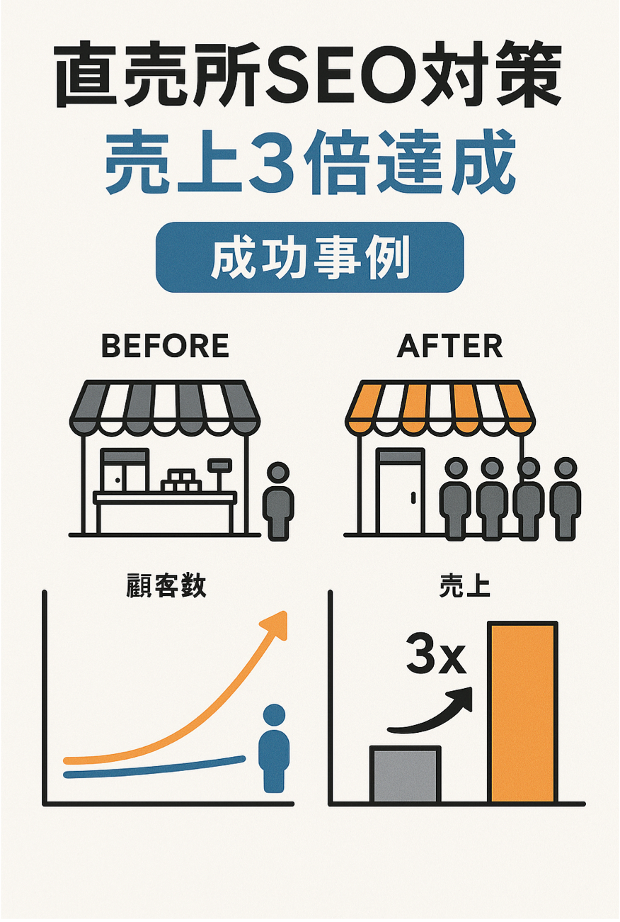 直売所SEO対策で売上3倍達成した成功事例を実績データで表現した図解イラスト