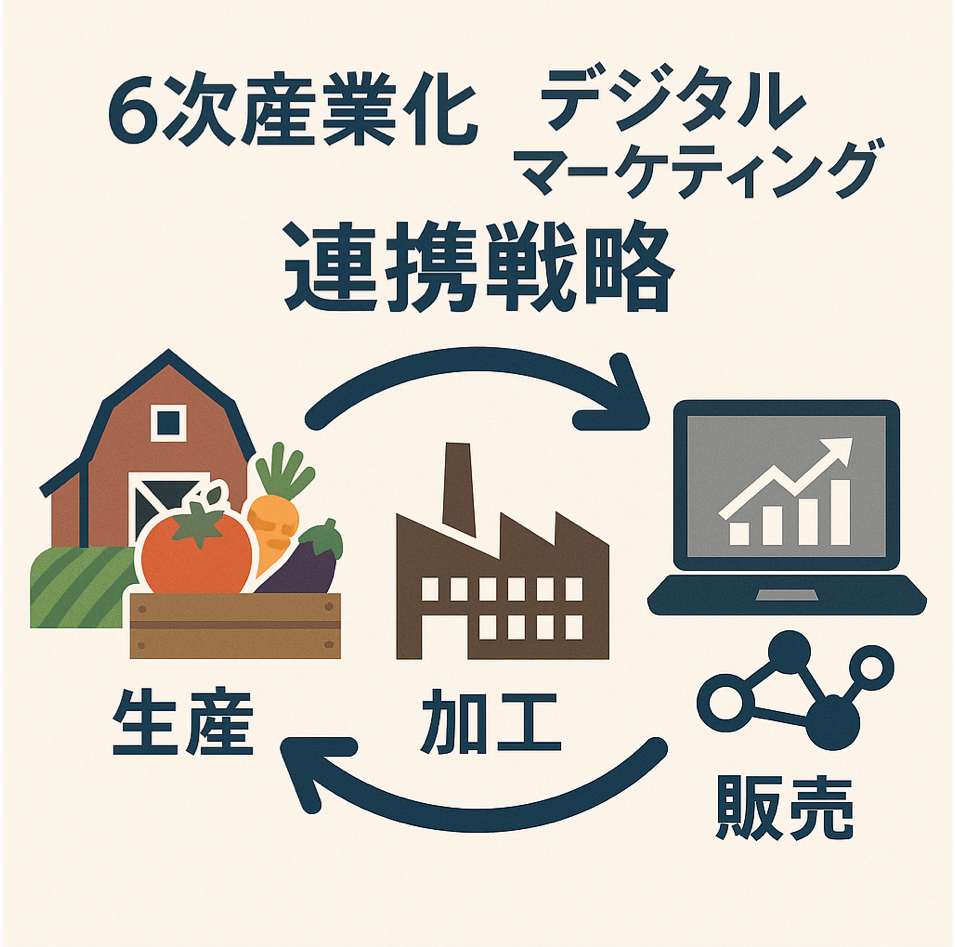 6次産業化とデジタルマーケティングの連携戦略を統合ビジネスモデルで表現した図解イラスト