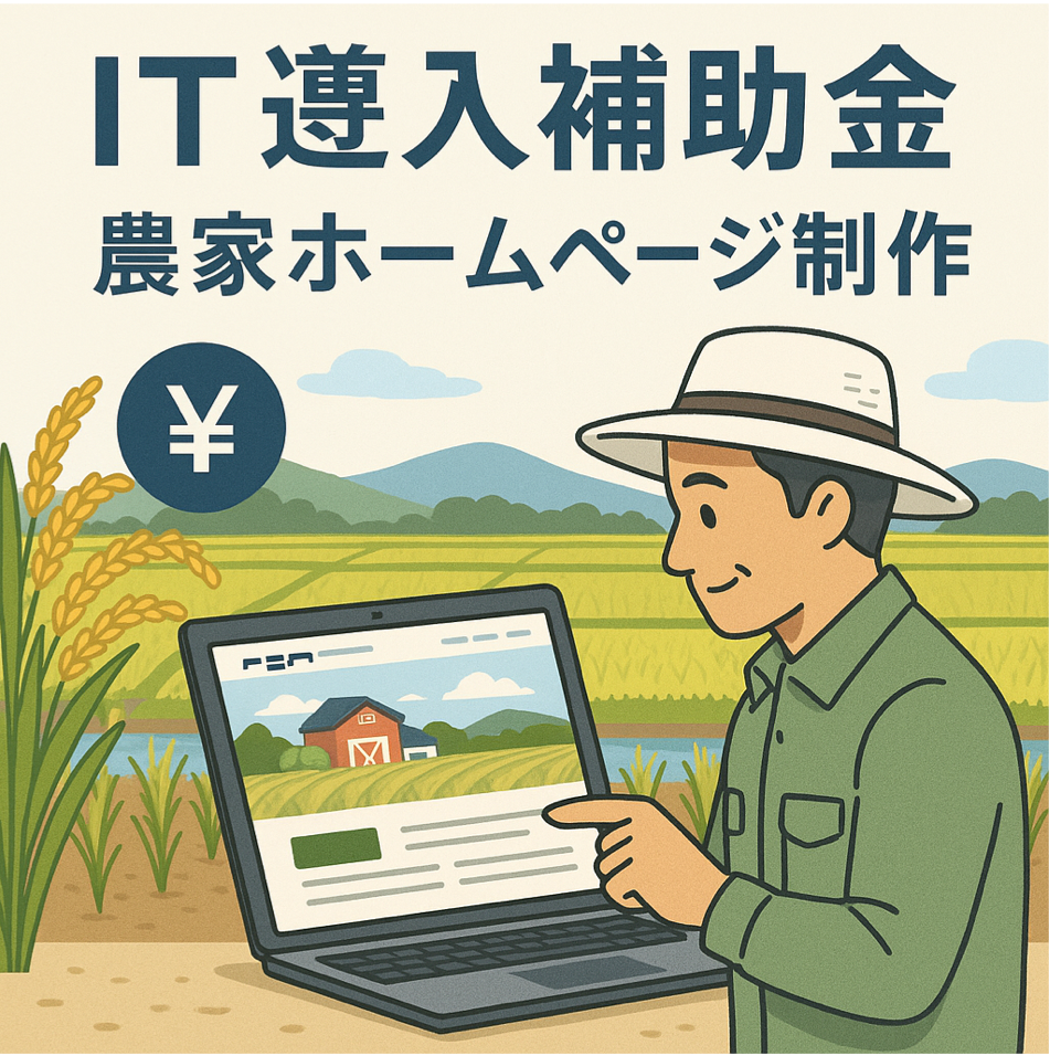 IT導入補助金を使った農家ホームページ制作を表現した図解イラスト
