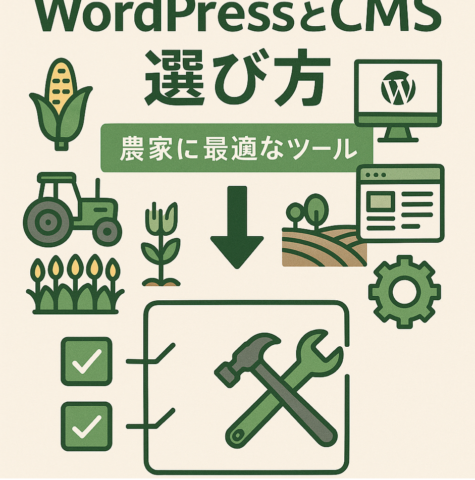  WordPressとCMSの選び方で農家に最適なツールを表現した図解イラスト