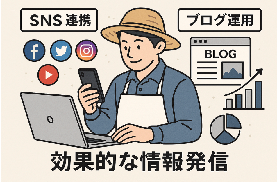  SNS連携とブログ運用で効果的な情報発信を表現した図解イラスト