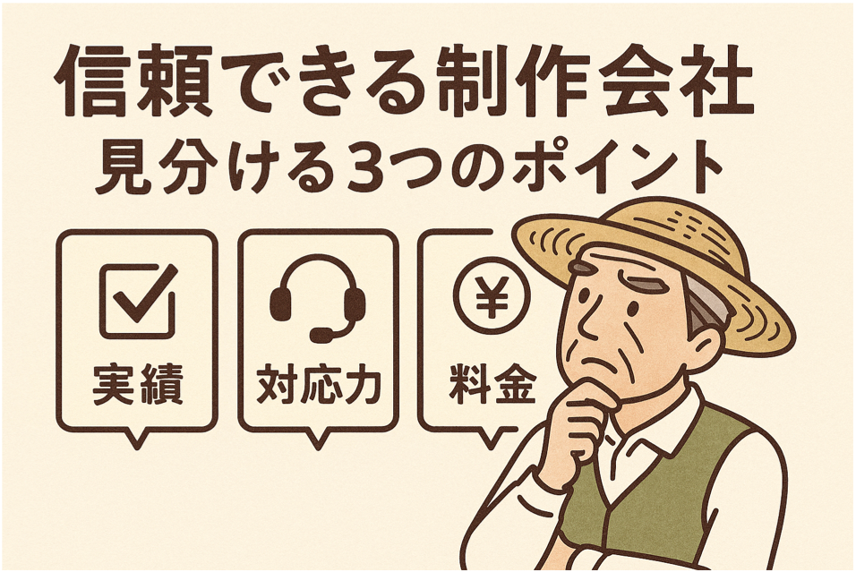 信頼できる制作会社を見分ける3つのポイントを表現した図解イラスト