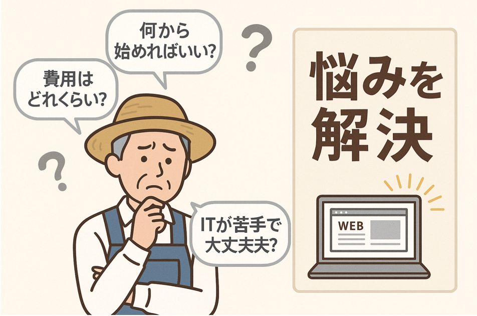 農業ホームページ制作の悩み（何から始める・費用・IT苦手）から解決への道筋を表現した図解イラスト