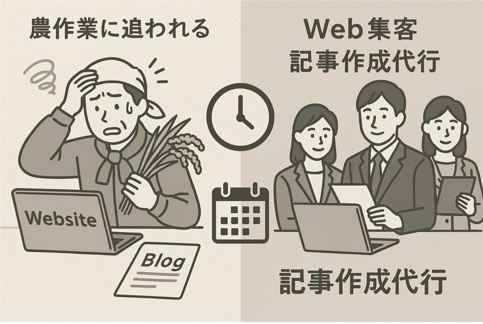 農作業に追われる農家の悩みと記事作成代行サービスによる解決策を表現したリード文用図解イラスト