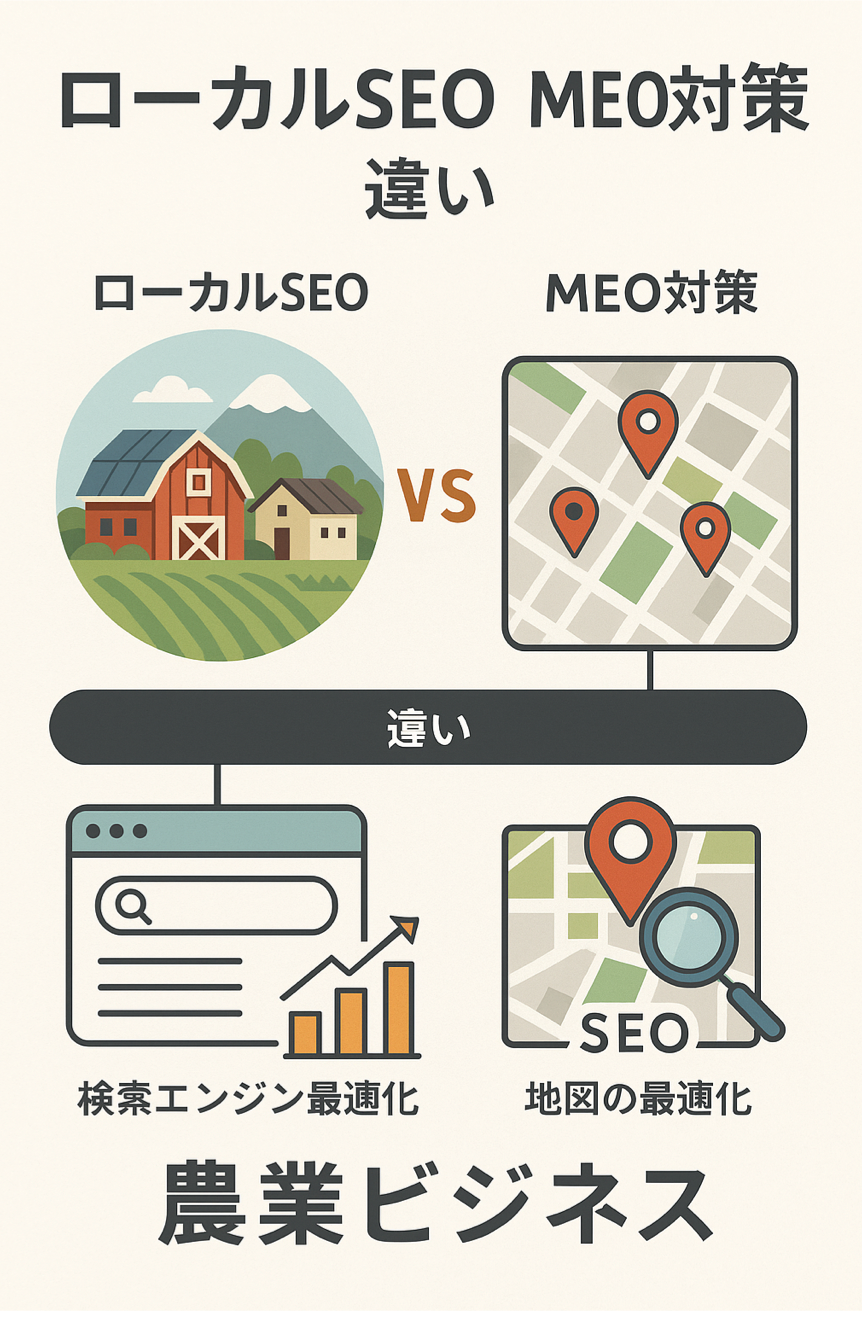 ローカルSEO農業とMEO対策の違いと農業ビジネスでの必要性を説明した図解イラスト