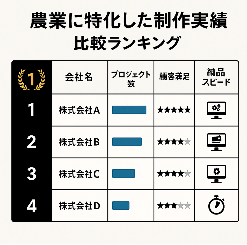 農業に特化した制作実績を重視する農家におすすめのホームページ制作会社比較ランキングを表現した図解イラスト