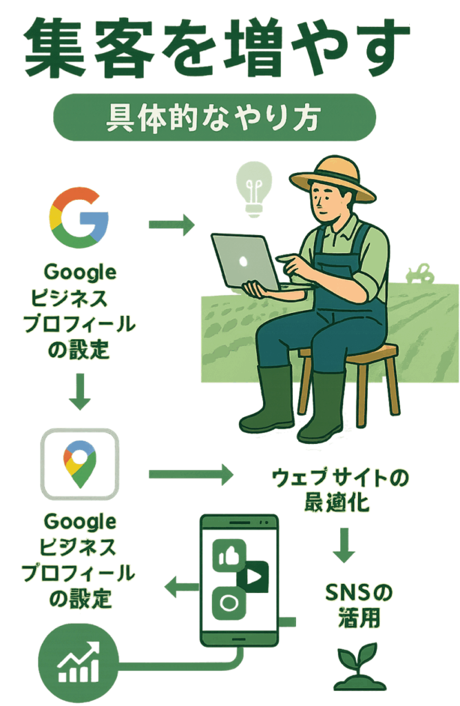 ローカルSEO農業で集客を増やす具体的なやり方と対策方法を段階的に表現した図解イラスト